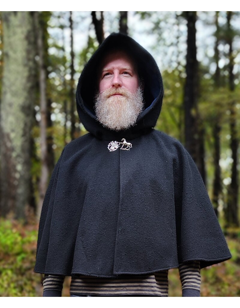 Cloakmakers.com 5608-Washable Thick Black 100% Wool Cloak w/ Blue Faux Suede Hood Lining & Pockets