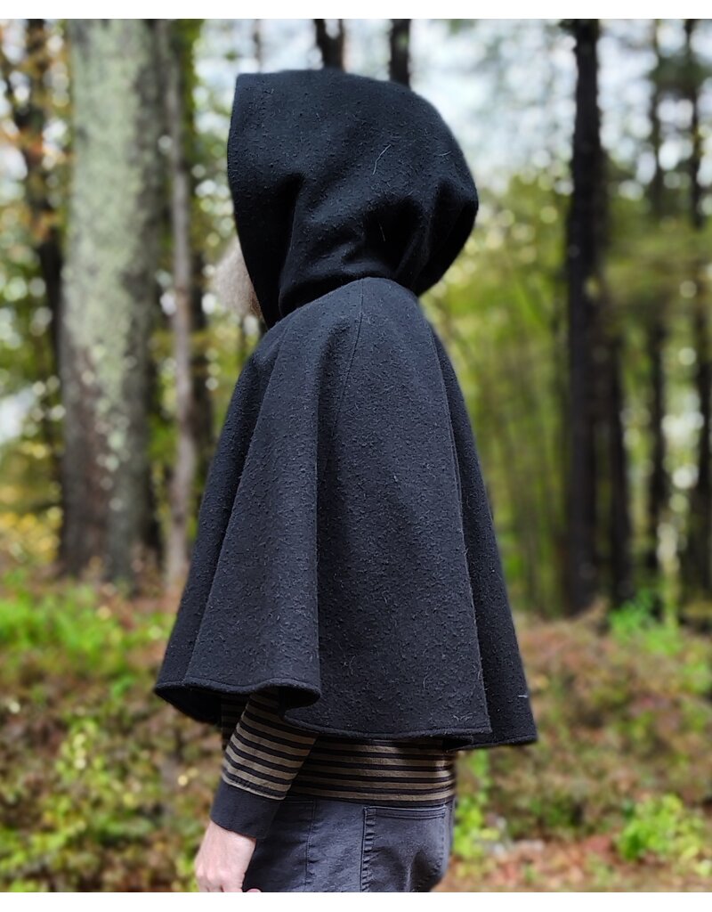 Cloakmakers.com 5608-Washable Thick Black 100% Wool Cloak w/ Blue Faux Suede Hood Lining & Pockets