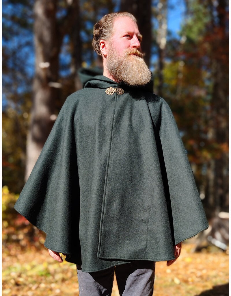 Cloakmakers.com 5866-Dark Forest Green Wool Blend Cloak w/ Brown Faux Suede Hood Lining & Pockets