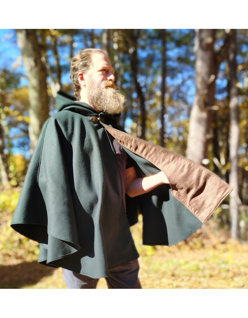 Cloakmakers.com 5866-Dark Forest Green Wool Blend Cloak w/ Brown Faux Suede Hood Lining & Pockets