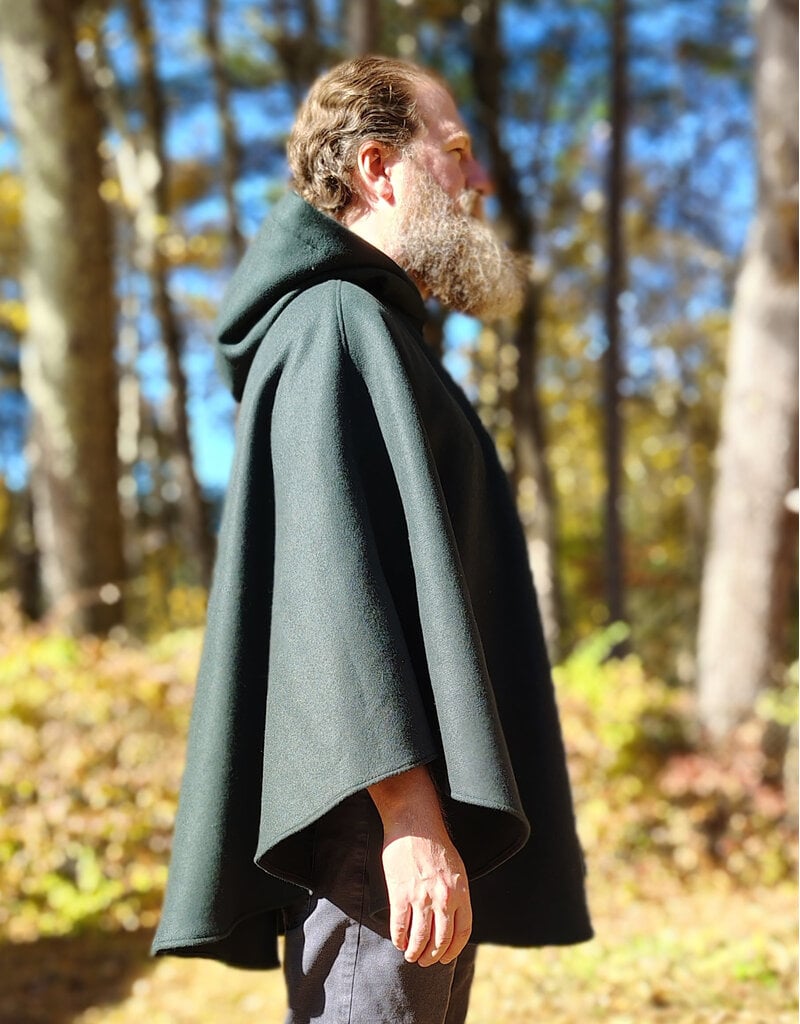 Cloakmakers.com 5866-Dark Forest Green Wool Blend Cloak w/ Brown Faux Suede Hood Lining & Pockets