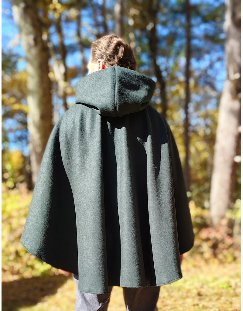 Cloakmakers.com 5866-Dark Forest Green Wool Blend Cloak w/ Brown Faux Suede Hood Lining & Pockets