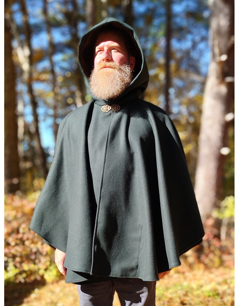 Cloakmakers.com 5866-Dark Forest Green Wool Blend Cloak w/ Brown Faux Suede Hood Lining & Pockets