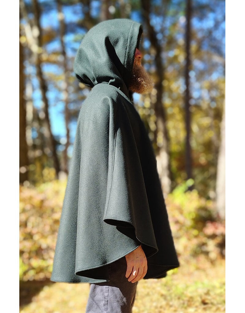 Cloakmakers.com 5866-Dark Forest Green Wool Blend Cloak w/ Brown Faux Suede Hood Lining & Pockets