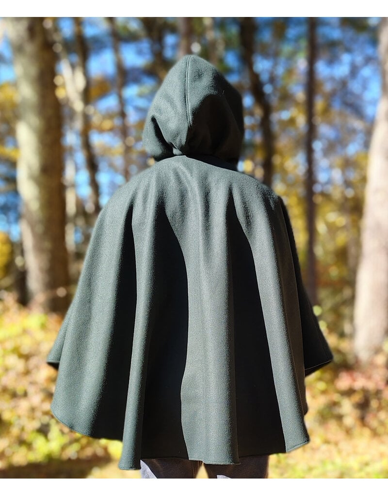 Cloakmakers.com 5866-Dark Forest Green Wool Blend Cloak w/ Brown Faux Suede Hood Lining & Pockets