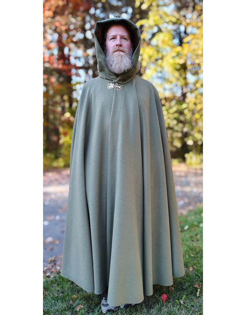 Cloakmakers.com 5868-Sage Green Wool Blend Cloak w/ Tan Faux Suede Hood Lining & Horse and Clover Clasp