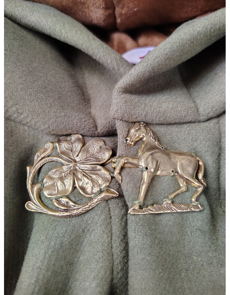 Cloakmakers.com 5868-Sage Green Wool Blend Cloak w/ Tan Faux Suede Hood Lining & Horse and Clover Clasp