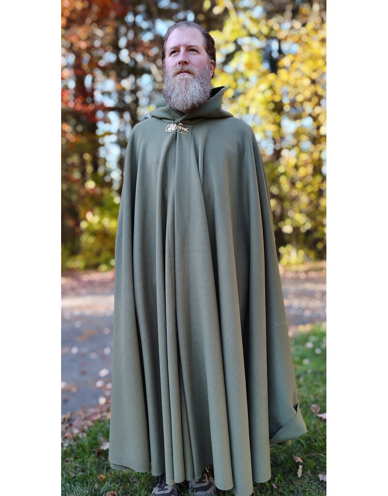 Cloakmakers.com 5868-Sage Green Wool Blend Cloak w/ Tan Faux Suede Hood Lining & Horse and Clover Clasp