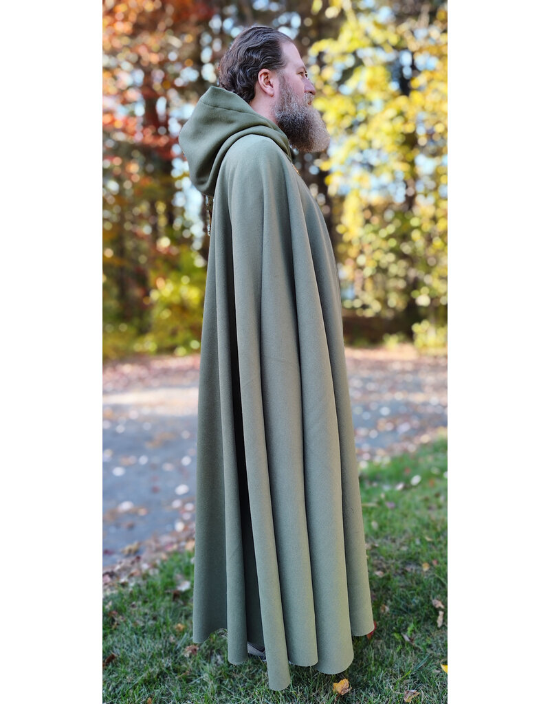 Cloakmakers.com 5868-Sage Green Wool Blend Cloak w/ Tan Faux Suede Hood Lining & Horse and Clover Clasp