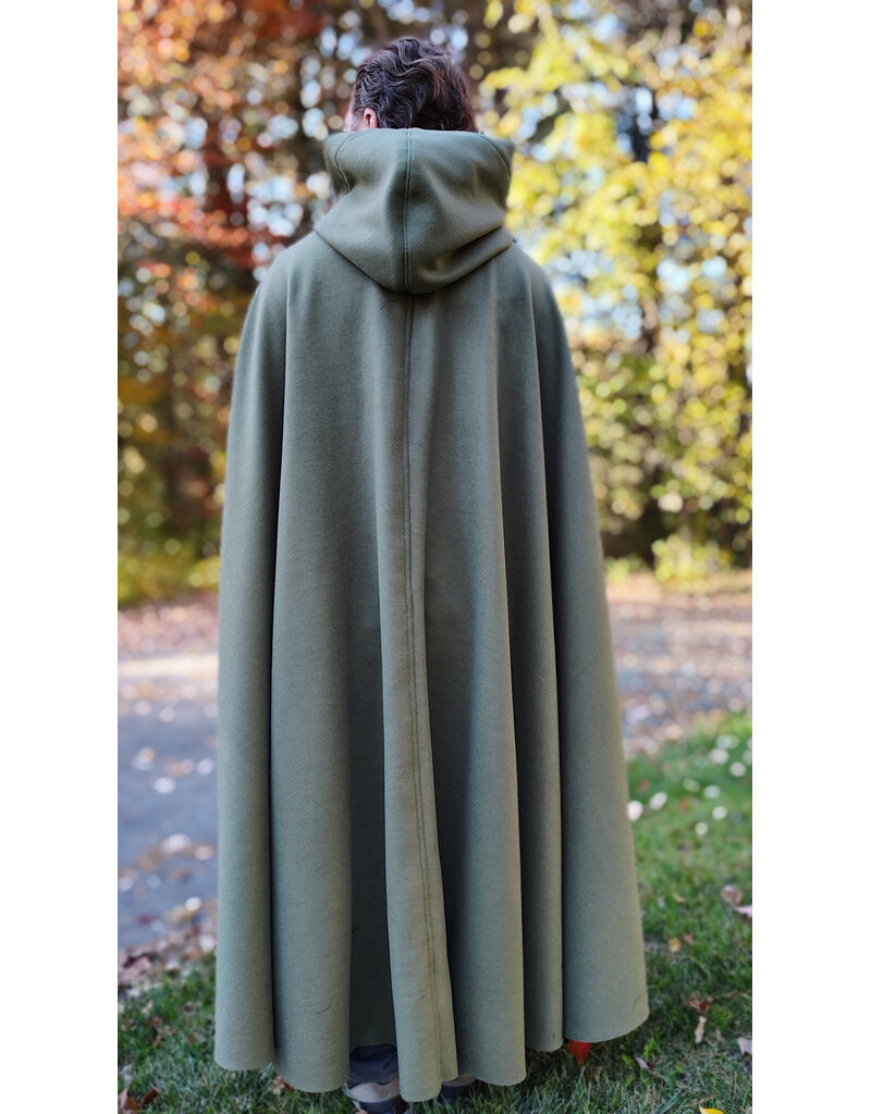 Cloakmakers.com 5868-Sage Green Wool Blend Cloak w/ Tan Faux Suede Hood Lining & Horse and Clover Clasp