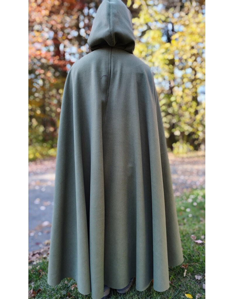 Cloakmakers.com 5868-Sage Green Wool Blend Cloak w/ Tan Faux Suede Hood Lining & Horse and Clover Clasp