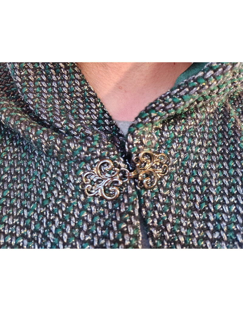 Cloakmakers.com 5872-Green & Silver Basket Weave Twill Ruana Cloak w/ Green Velvet Hood Lining