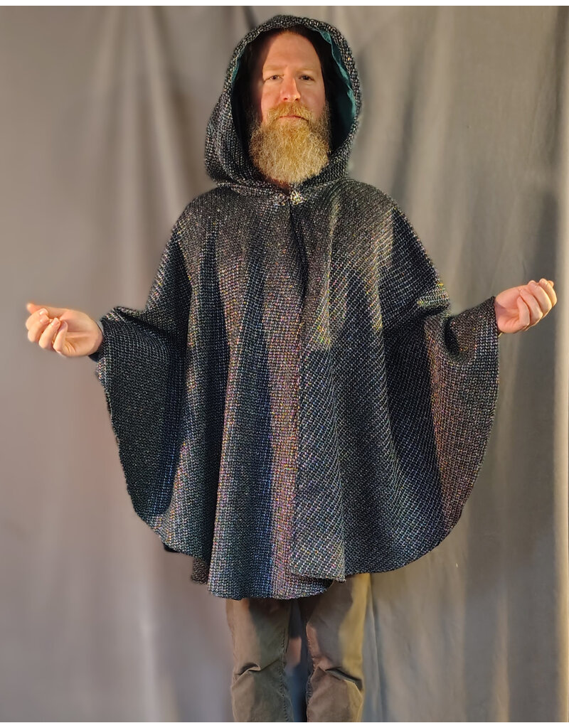 Cloakmakers.com 5872-Green & Silver Basket Weave Twill Ruana Cloak w/ Green Velvet Hood Lining
