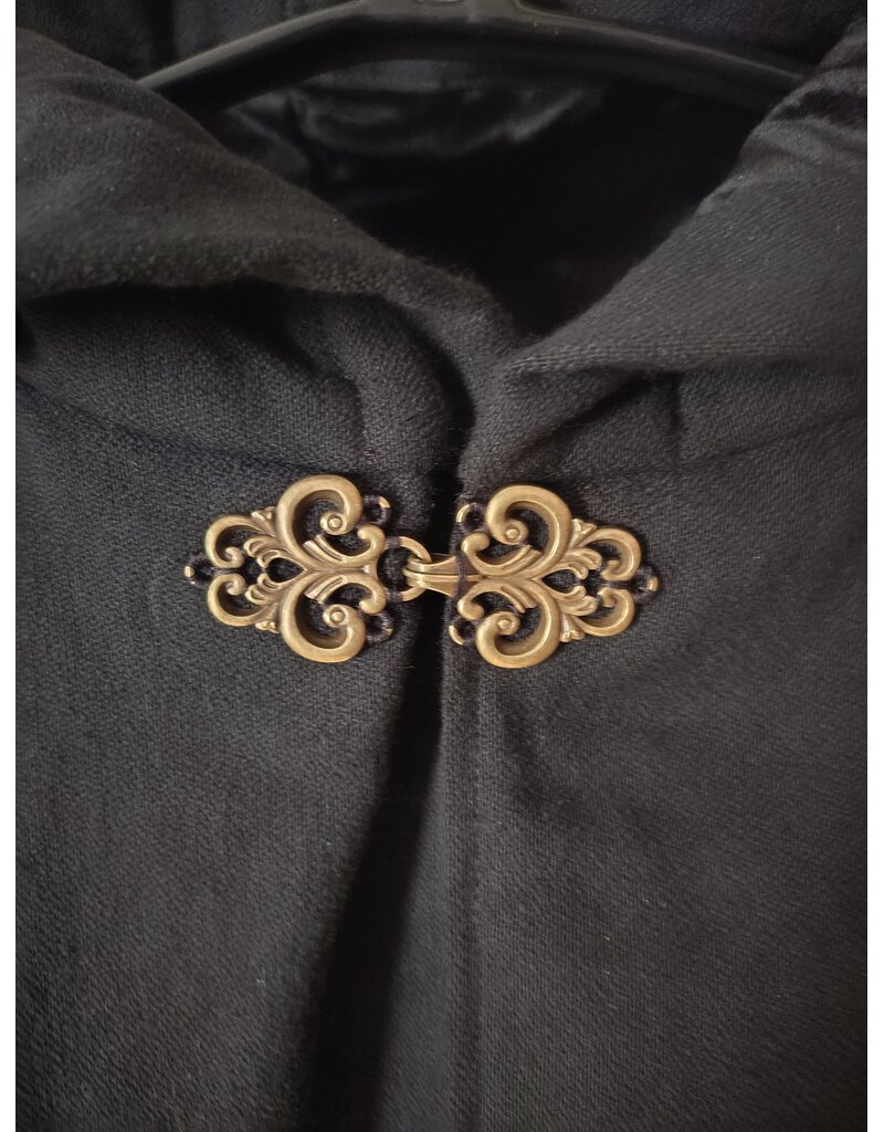 Cloakmakers.com 5723-Washable Black Cotton Cloak w/ Green & Gold Striped Pockets & Antiqued Gold Clasp