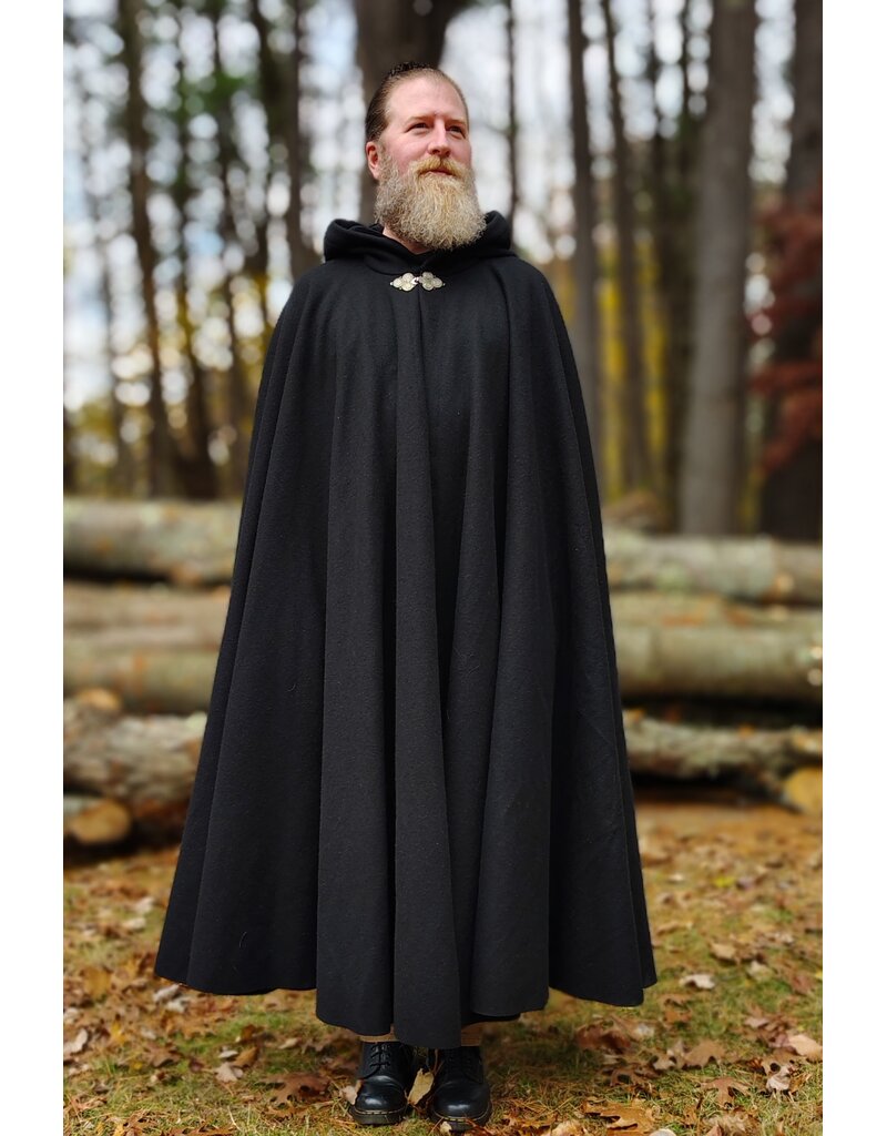 Cloakmakers.com 5873-Washable Black Wool Cloak w/ Black Velvet Hood Lining & Triple Medallion Clasp