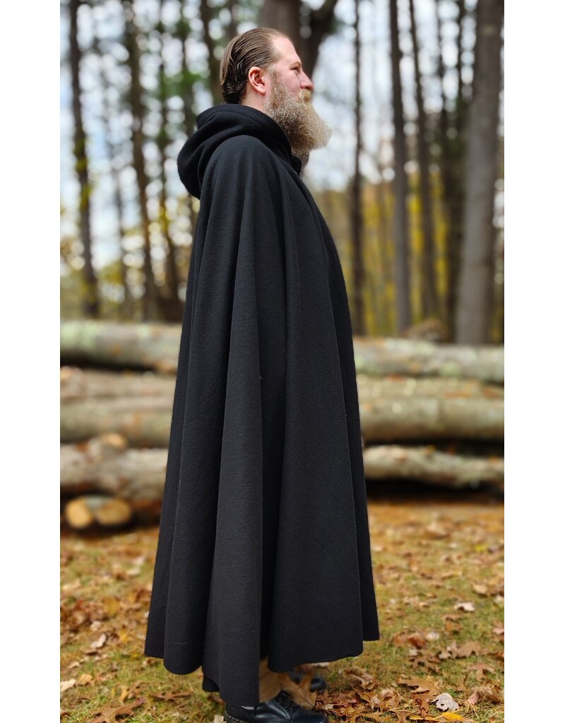 Cloakmakers.com 5873-Washable Black Wool Cloak w/ Black Velvet Hood Lining & Triple Medallion Clasp
