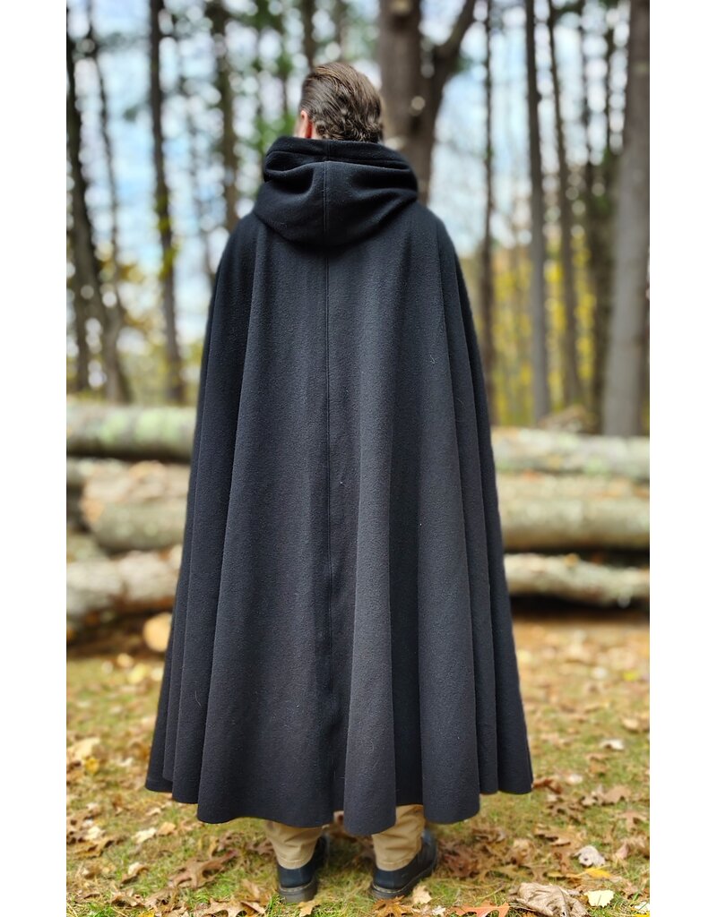 Cloakmakers.com 5873-Washable Black Wool Cloak w/ Black Velvet Hood Lining & Triple Medallion Clasp