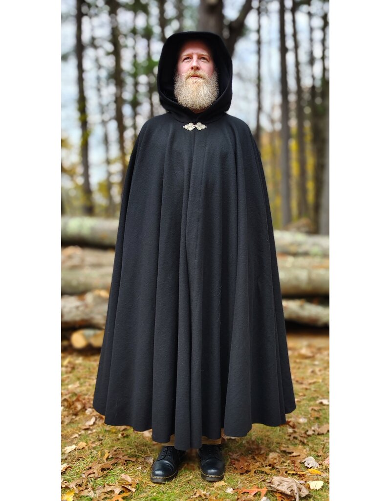 Cloakmakers.com 5873-Washable Black Wool Cloak w/ Black Velvet Hood Lining & Triple Medallion Clasp