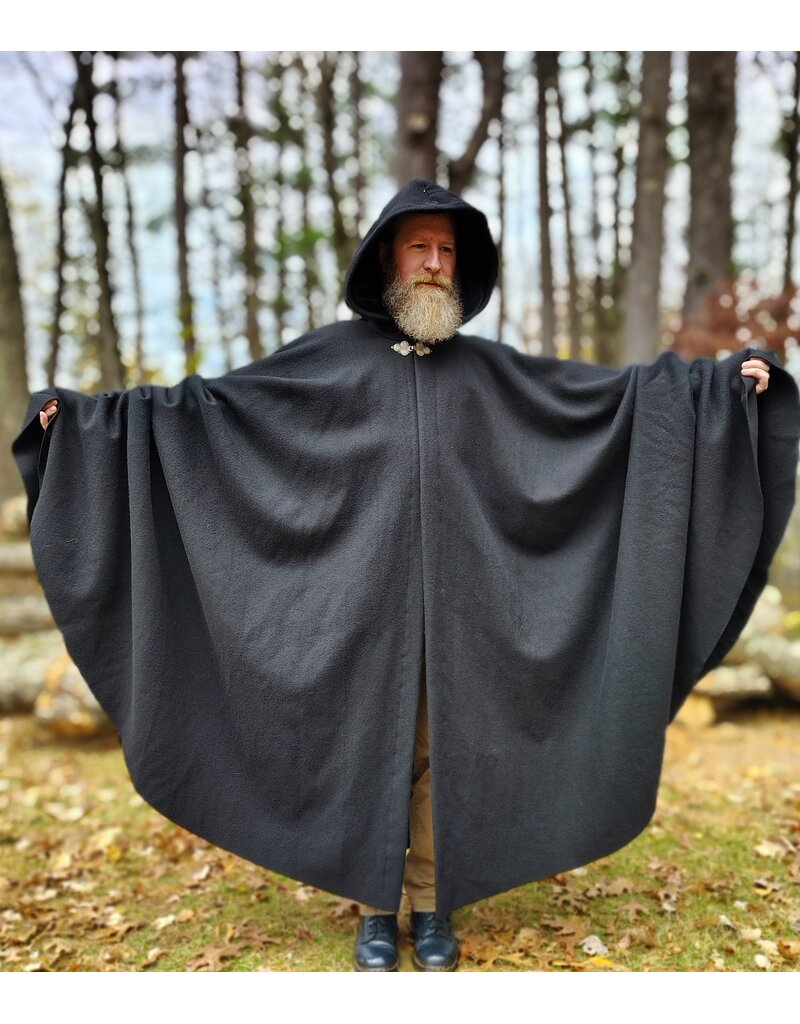 Cloakmakers.com 5873-Washable Black Wool Cloak w/ Black Velvet Hood Lining & Triple Medallion Clasp