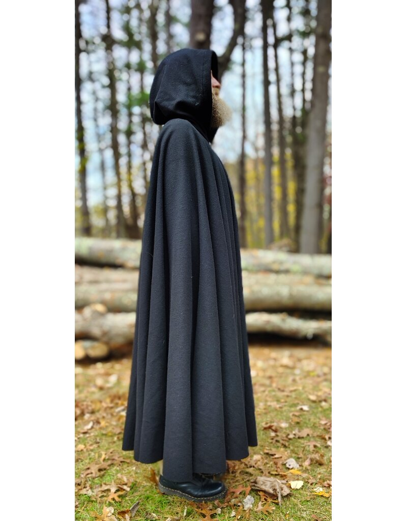 Cloakmakers.com 5873-Washable Black Wool Cloak w/ Black Velvet Hood Lining & Triple Medallion Clasp