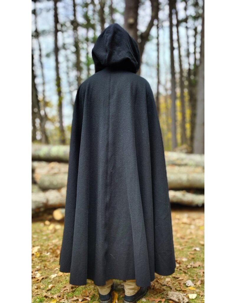 Cloakmakers.com 5873-Washable Black Wool Cloak w/ Black Velvet Hood Lining & Triple Medallion Clasp