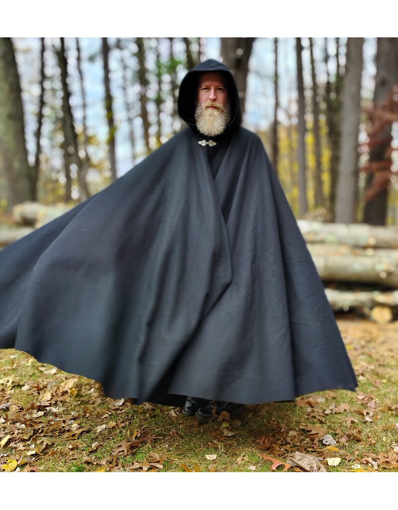 Cloakmakers.com 5873-Washable Black Wool Cloak w/ Black Velvet Hood Lining & Triple Medallion Clasp