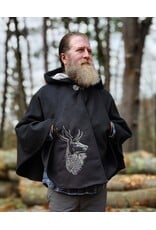 Cloakmakers.com 5874-Washable Black Faux Wool Cloak w/ Stag Embroidery & Silver Velvet Hood Lining