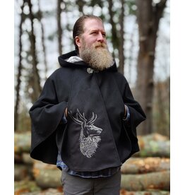 Cloakmakers.com 5874-Washable Black Faux Wool Cloak w/ Stag Embroidery & Silver Velvet Hood Lining