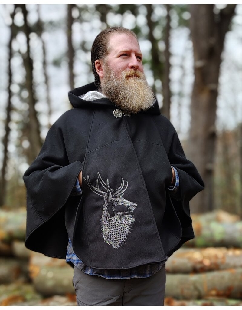 Cloakmakers.com 5874-Washable Black Faux Wool Cloak w/ Stag Embroidery & Silver Velvet Hood Lining