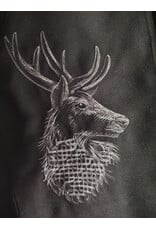 Cloakmakers.com 5874-Washable Black Faux Wool Cloak w/ Stag Embroidery & Silver Velvet Hood Lining