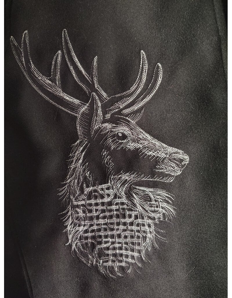 Cloakmakers.com 5874-Washable Black Faux Wool Cloak w/ Stag Embroidery & Silver Velvet Hood Lining