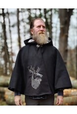 Cloakmakers.com 5874-Washable Black Faux Wool Cloak w/ Stag Embroidery & Silver Velvet Hood Lining