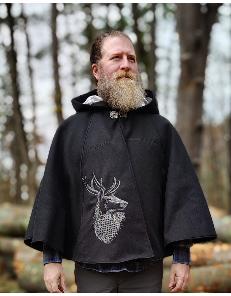 Cloakmakers.com 5874-Washable Black Faux Wool Cloak w/ Stag Embroidery & Silver Velvet Hood Lining
