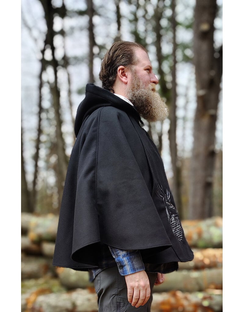 Cloakmakers.com 5874-Washable Black Faux Wool Cloak w/ Stag Embroidery & Silver Velvet Hood Lining