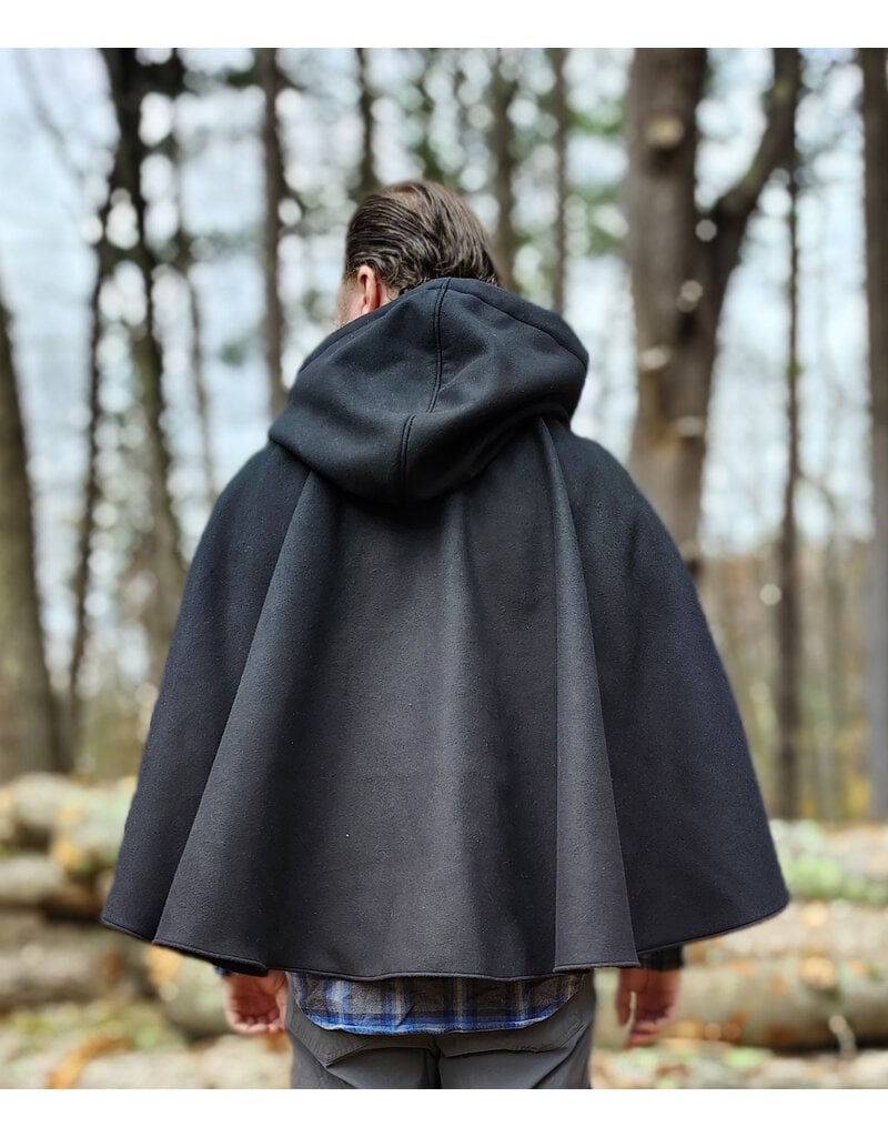 Cloakmakers.com 5874-Washable Black Faux Wool Cloak w/ Stag Embroidery & Silver Velvet Hood Lining