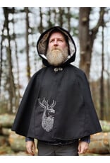 Cloakmakers.com 5874-Washable Black Faux Wool Cloak w/ Stag Embroidery & Silver Velvet Hood Lining