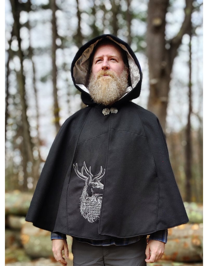 Cloakmakers.com 5874-Washable Black Faux Wool Cloak w/ Stag Embroidery & Silver Velvet Hood Lining