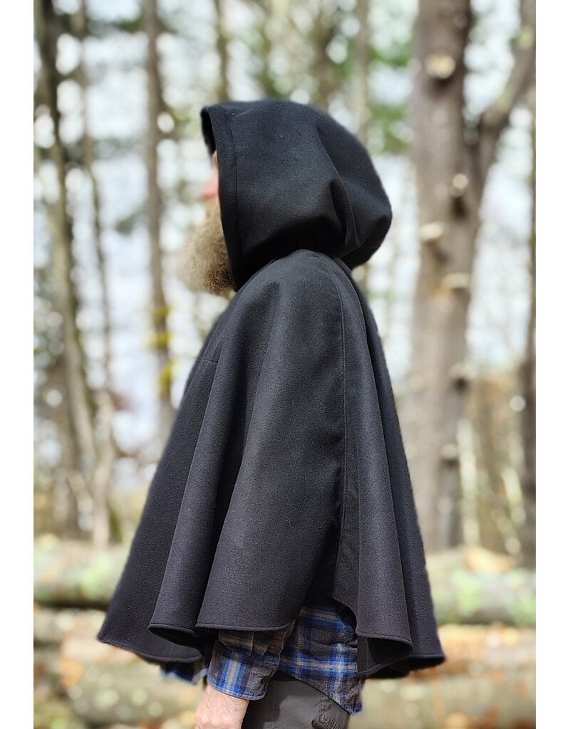 Cloakmakers.com 5874-Washable Black Faux Wool Cloak w/ Stag Embroidery & Silver Velvet Hood Lining