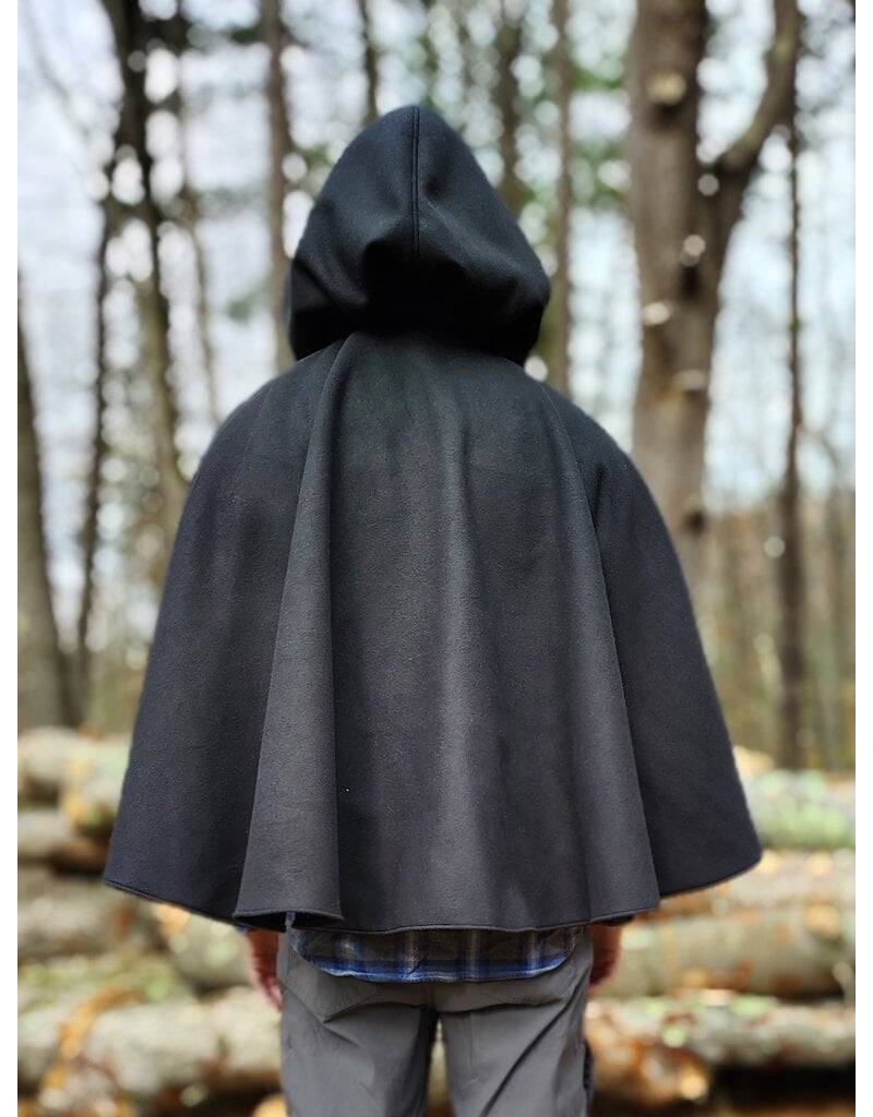 Cloakmakers.com 5874-Washable Black Faux Wool Cloak w/ Stag Embroidery & Silver Velvet Hood Lining
