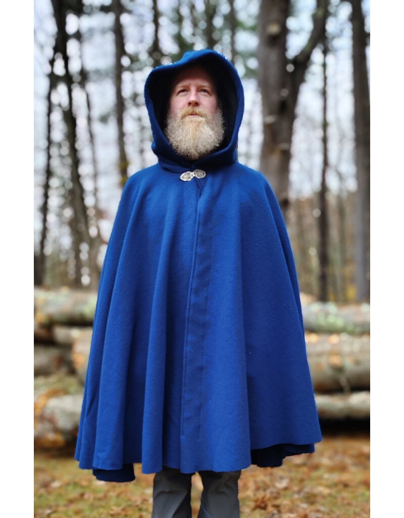 Cloakmakers.com 5875-Washable Blue Wool Blend Cloak w/ Black Velvet Hood Lining & Gothic Rose Clasp
