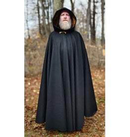 Cloakmakers.com 5877-Long Black Wool Blend Cloak w/ Burnt Gold Hood Lining & Battle Axes Clasp