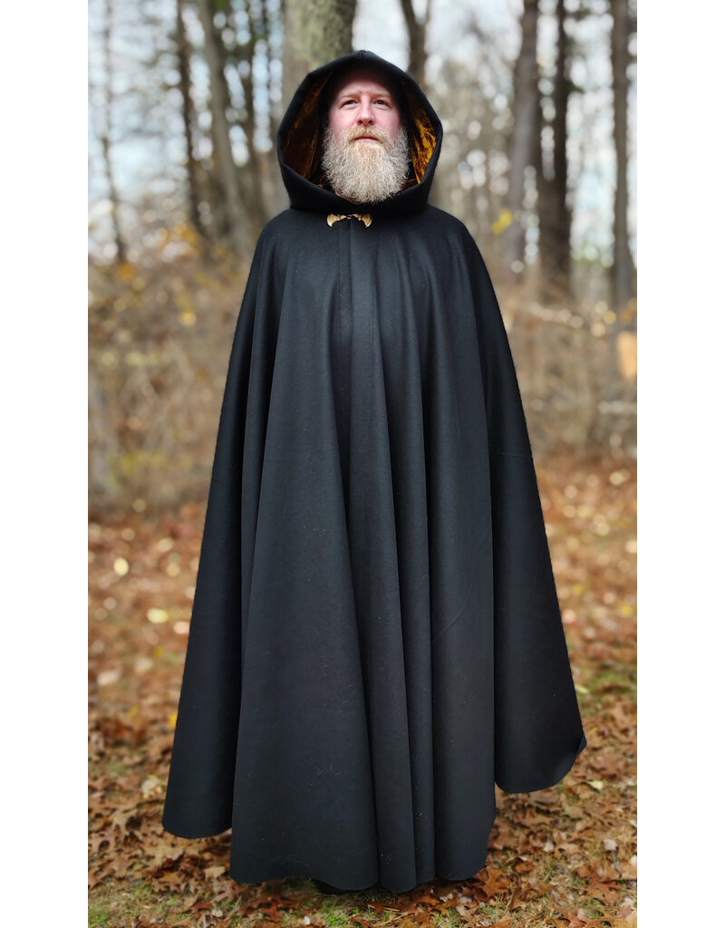 Cloakmakers.com 5877-Long Black Wool Blend Cloak w/ Burnt Gold Hood Lining & Battle Axes Clasp