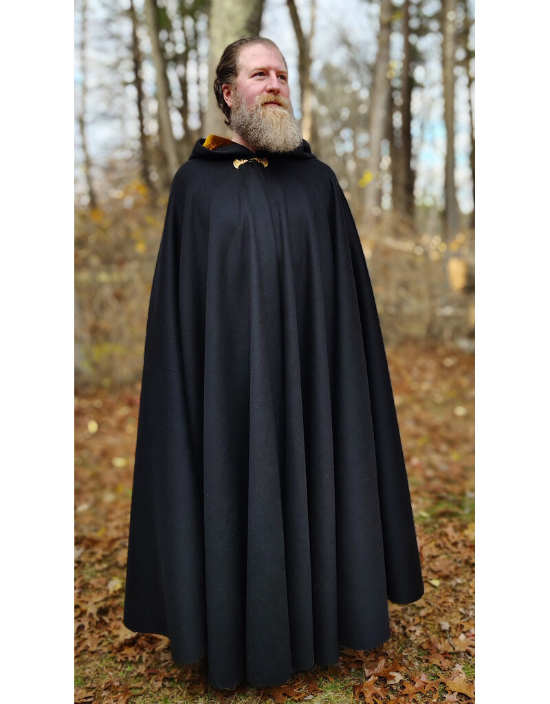 Cloakmakers.com 5877-Long Black Wool Blend Cloak w/ Burnt Gold Hood Lining & Battle Axes Clasp