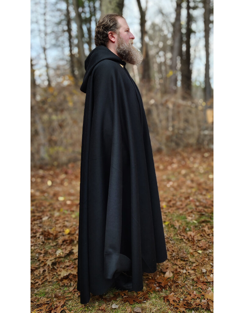 Cloakmakers.com 5877-Long Black Wool Blend Cloak w/ Burnt Gold Hood Lining & Battle Axes Clasp