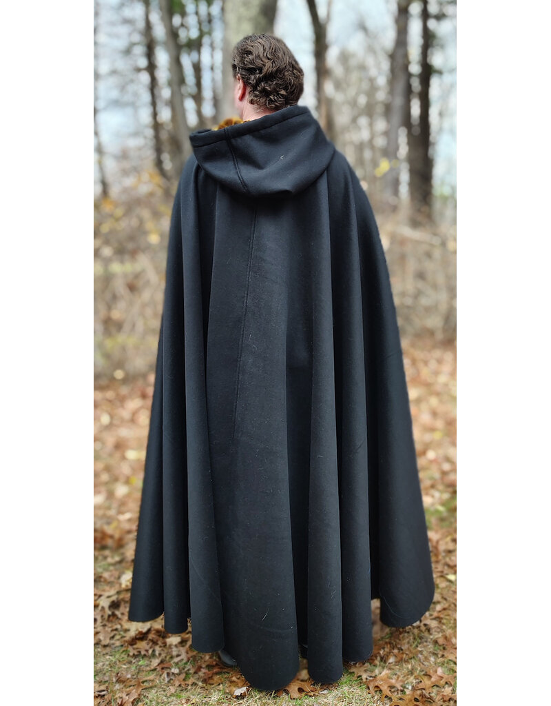 Cloakmakers.com 5877-Long Black Wool Blend Cloak w/ Burnt Gold Hood Lining & Battle Axes Clasp