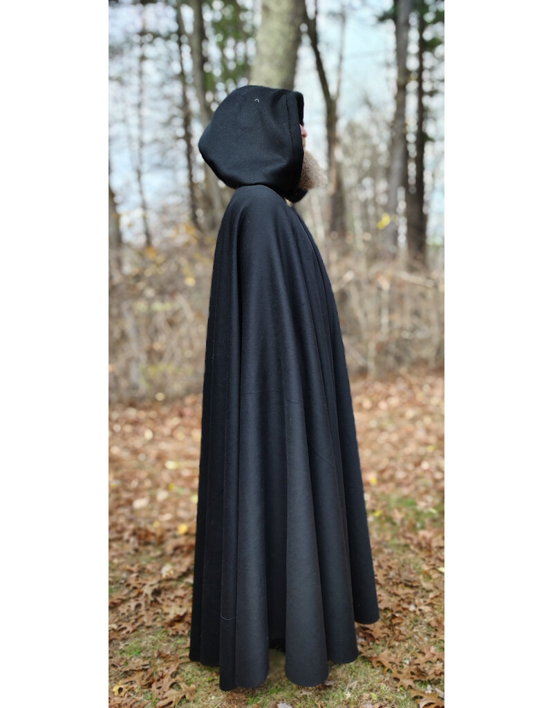 Cloakmakers.com 5877-Long Black Wool Blend Cloak w/ Burnt Gold Hood Lining & Battle Axes Clasp