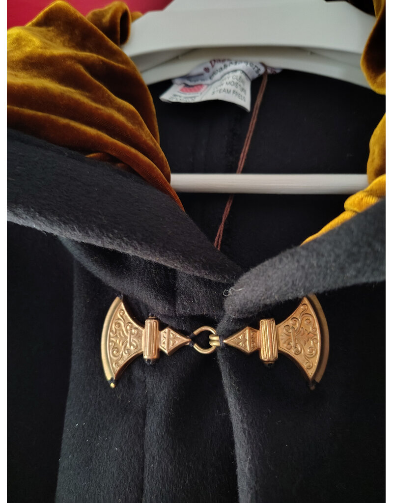 Cloakmakers.com 5877-Long Black Wool Blend Cloak w/ Burnt Gold Hood Lining & Battle Axes Clasp