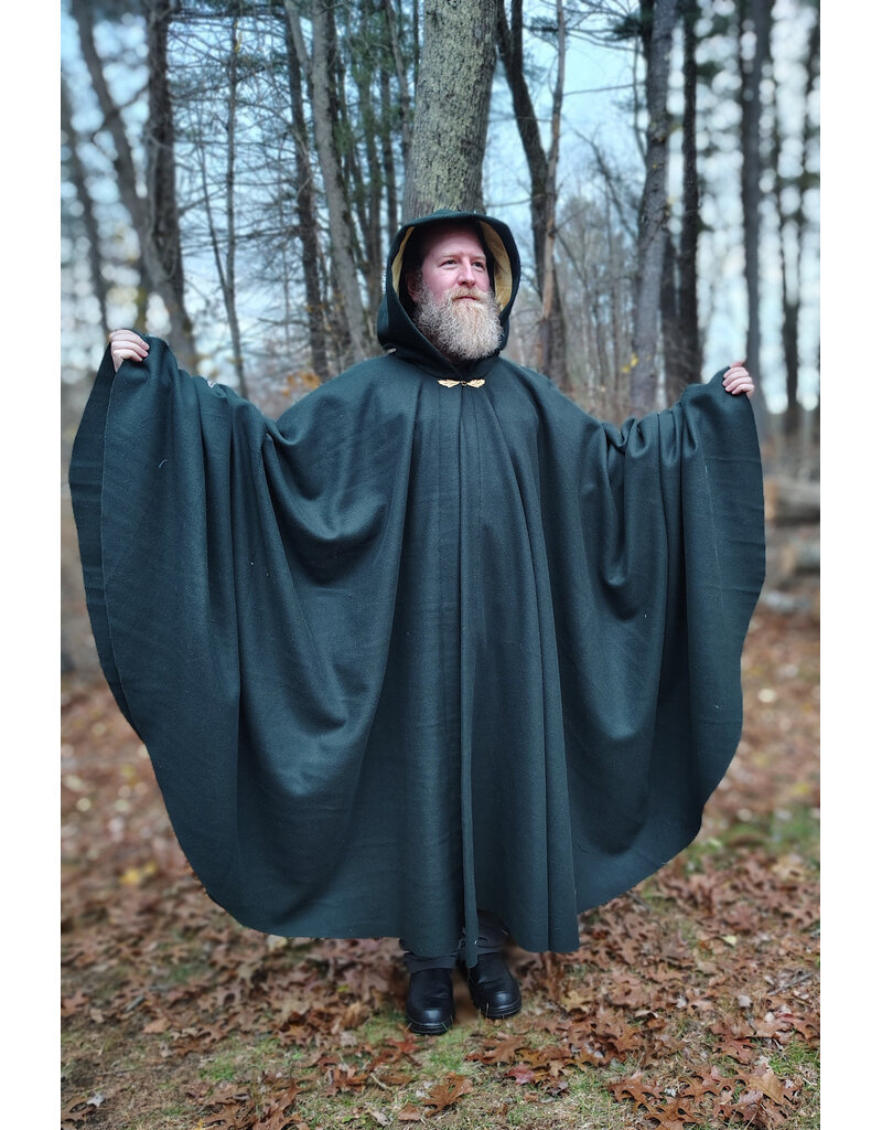 Cloakmakers.com 5878-Dark Green Wool Blend Cloak w/ Oak Leaf Clasp & Gold Velvet Hood Lining