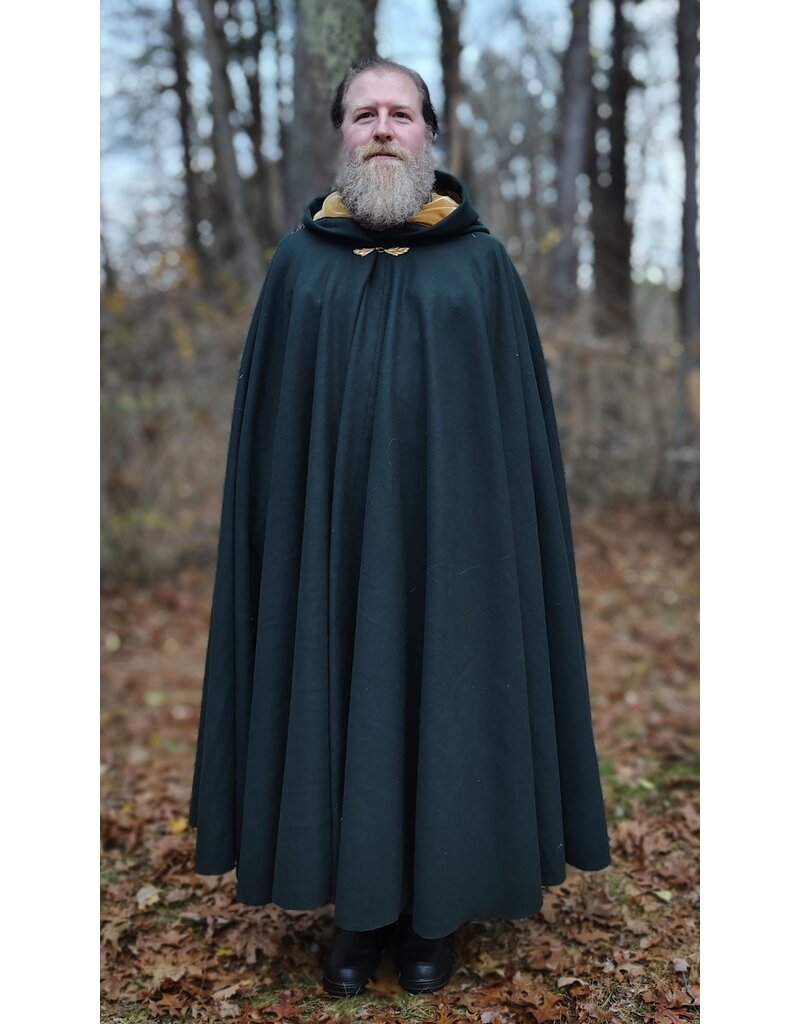 Cloakmakers.com 5878-Dark Green Wool Blend Cloak w/ Oak Leaf Clasp & Gold Velvet Hood Lining