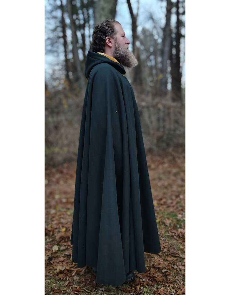 Cloakmakers.com 5878-Dark Green Wool Blend Cloak w/ Oak Leaf Clasp & Gold Velvet Hood Lining